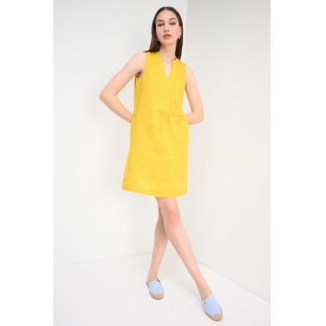 Rochie din in cu buzunare laterale - Galben sofran