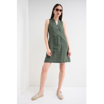 Rochie din in cu buzunare laterale - Verde feriga