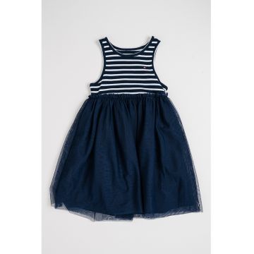 Rochie din tul cu dungi - Alb optic/Bleumarin