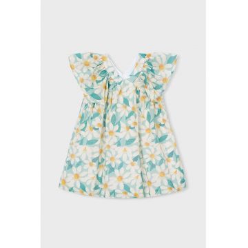 Rochie dreapta cu model floral si decolteu in V - Alb/Verde/Portocaliu pal