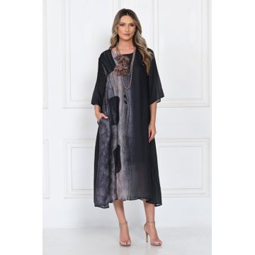 Rochie eleganta satinata A-line cu imprimeu abstract si croi lejer fluid, negru-gri
