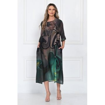 Rochie eleganta satinata A-line cu imprimeu abstract si croi lejer fluid, verde-inchis-negru-auriu