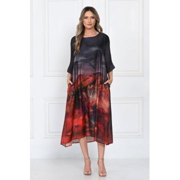 Rochie eleganta satinata A-line cu imprimeu artistic si croi lejer fluid, negru-rosu-bordo
