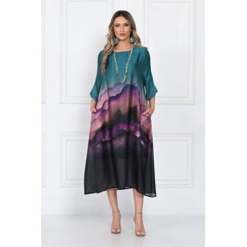 Rochie eleganta satinata A-line cu imprimeu artistic si croi lejer fluid, verde-mov-negru