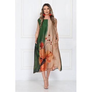 Rochie eleganta satinata A-line cu imprimeu floral artistic si croi lejer fluid, verde-bej-caramel