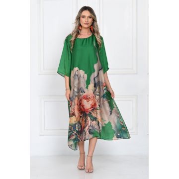 Rochie eleganta satinata A-line cu imprimeu floral artistic si croi lejer fluid, verde-bej