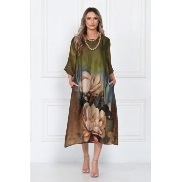 Rochie eleganta satinata A-line cu imprimeu floral artistic si croi lejer fluid, verde-olive-maro-bej
