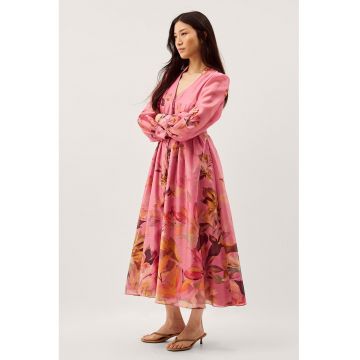 Rochie evazata cu design floral - Portocaliu/Kaki/Roz