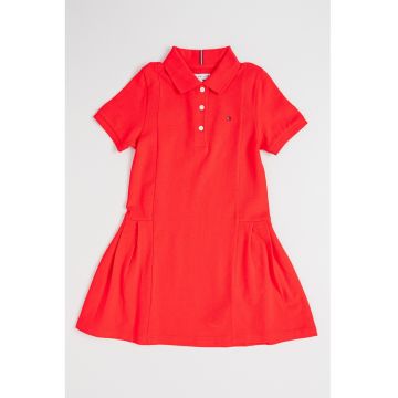 Rochie evazata cu guler polo si pliuri - Fucsia