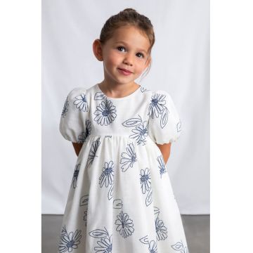 Rochie evazata cu imprimeu floral si maneci bufante - Alb/Bleumarin