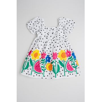 Rochie evazata cu modele diverse - Alb/Verde/Roz
