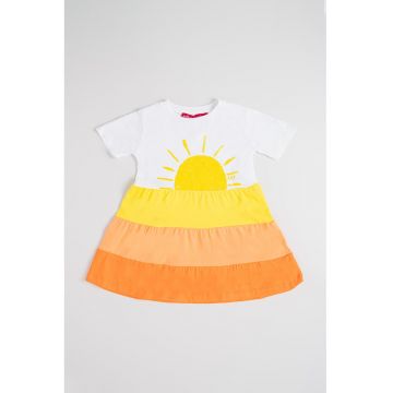 Rochie evazata de bumbac - Alb/Galben/Portocaliu