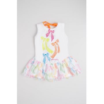 Rochie evazata de bumbac - Alb/Verde/Roz