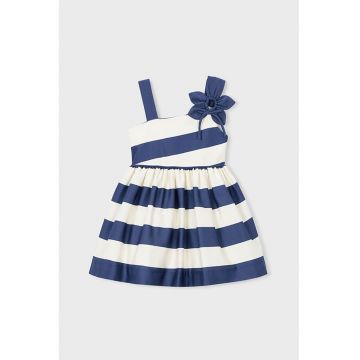 Rochie evazata din amestec de bumbac cu aplicatii florale - Alb/Bleumarin