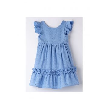 Rochie evazata din bumbac cu aplicatie cu funda pe partea din spate - Albastru deschis