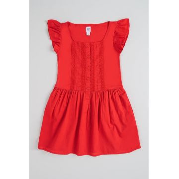 Rochie evazata din bumbac cu maneci cu volane - Rosu