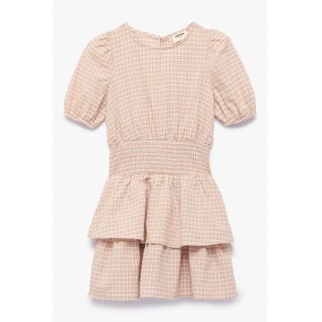 Rochie evazata in carouri - Roz pastel/Bej