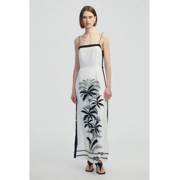 Rochie fara maneci din amestec de in cu imprimeu tropical - Alb/Negru