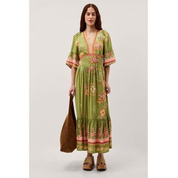 Rochie lunga cu decolteu in V - Portocaliu/Roz/Verde fistic