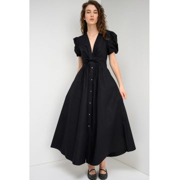 Rochie lunga cu decolteu in V si maneci bufante - Negru