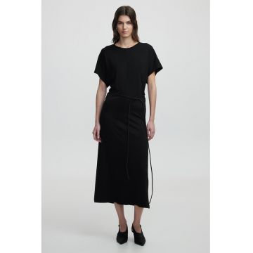 Rochie lunga cu model uni si cordon in talie - Negru