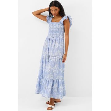 Rochie lunga cu volane si model tropical - Albastru deschis