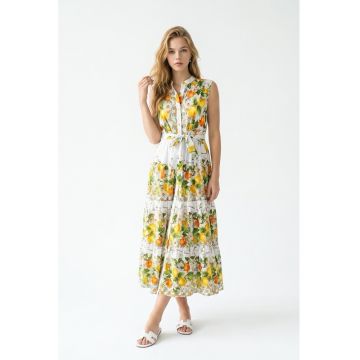 Rochie lunga de vara din bumbac alb cu imprimeu cu lamai galbene Amalfi