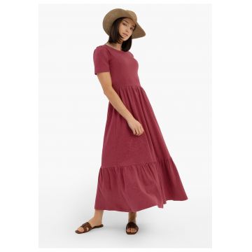 Rochie lunga de vara din bumbac - evazata - cu volane - maneci scurte -  G-Allisia - roz - Roz