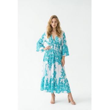 Rochie lunga de vara din bumbac imprimeu Amalfi - Alb/Turcoaz/Albastru