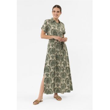 Rochie lunga de vara din viscoza cu model floral - cu guler - nasturi - maneci scurte - banda elastica cu curea in talie -  G-Pari - verde - Verde