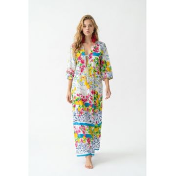 Rochie lunga de vara tip kaftan din bumbac cu imprimeu Amalfi - Alb/Galben/Turcoaz/Roz