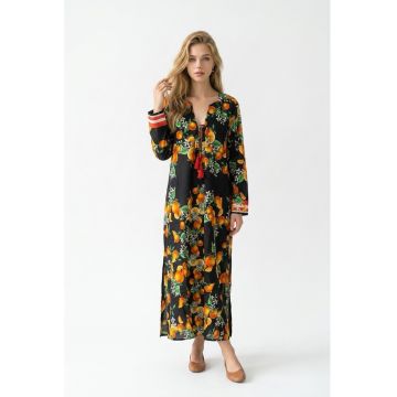 Rochie lunga de vara tip kaftan din bumbac cu imprimeu Amalfi - Negru/Portocaliu