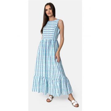 Rochie lunga din bumbac cu dungi - fara maneci - partea de jos cu volane - fermoar -  G-Elene - albastru - Albastru multicolor