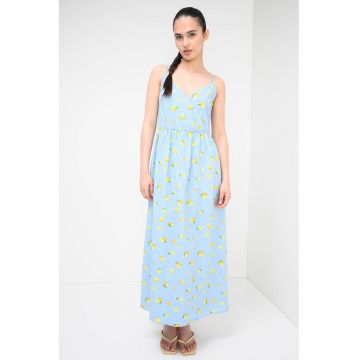 Rochie lunga din bumbac organic cu model si decolteu cache-coeur - Galben/Albastru deschis
