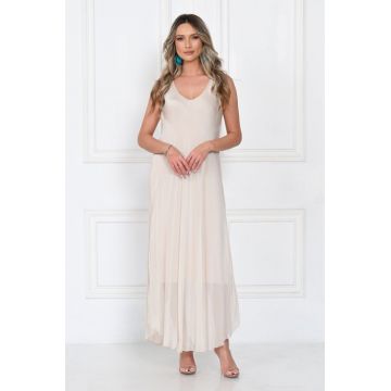 Rochie lunga din matase cu croi fluid si bretele fine, eleganta, bej
