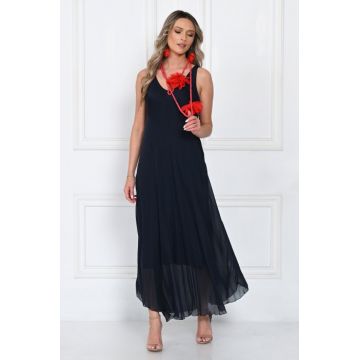 Rochie lunga din matase cu croi fluid si bretele fine, eleganta, bleumarin