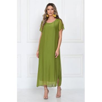 Rochie lunga din matase si vascoza cu croi lejer si maneci scurte, eleganta, verde olive