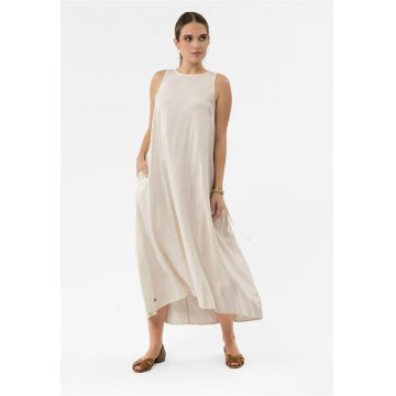 Rochie lunga supradimensionata cu decolteu rotund din amestec de in - buzunare - fara maneci -  G-Makayla - crem - Crem