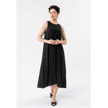 Rochie lunga supradimensionata cu decolteu rotund din amestec de in - buzunare - fara maneci -  G-Makayla - negru - Negru