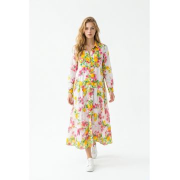 Rochie lunga tip camasa de vara din bumbac cu imprimeu Amalfi multicolor