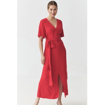 Rochie maxi cu slit frontal si cordon in talie - Rosu vermillion