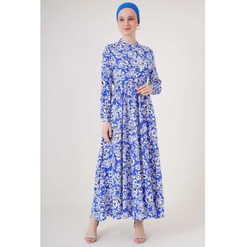 Rochie maxi dama -  cu model - alb/albastru - din viscoza