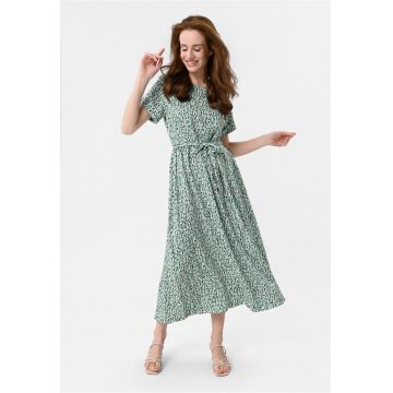 Rochie maxi dama din viscoza cu maneci scurte - cu model floral - croiala dreapta - curea de talie -  G-Maranta - verde - Verde