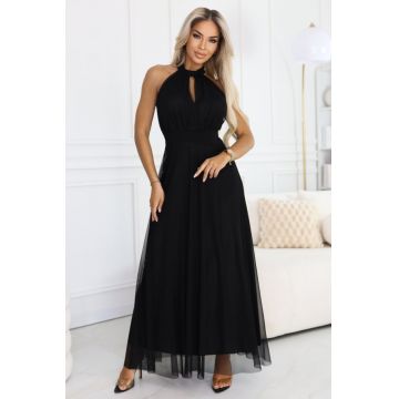 Rochie Maxi Halter Neagră din Tulle cu Legătură în Talie