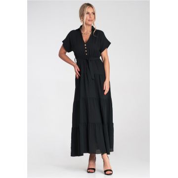 Rochie maxi  neagra - cu guler - maneci scurte - croi lejer - cu volane -