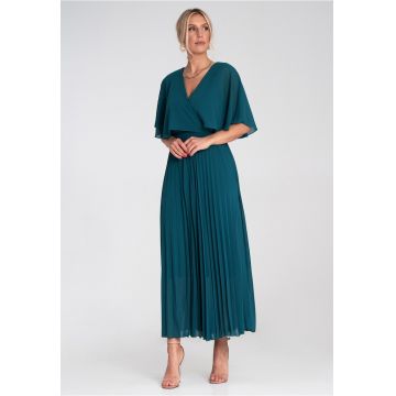 Rochie maxi  turcoaz - vaporoasa - cu decolteu plic - maneci scurte - evazata -