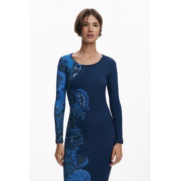 Rochie midi cambrata cu model floral - Albastru inchis/Albastru royal