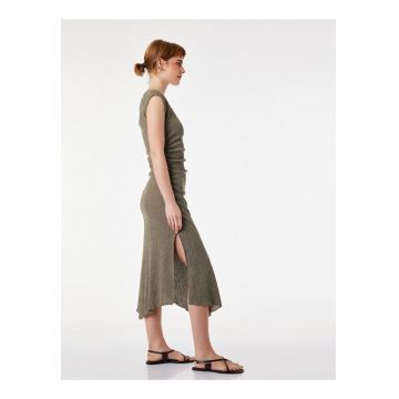 Rochie midi cu croiala asimetrica si slit lateral - Kaki