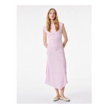 Rochie midi cu croiala asimetrica si slit lateral - Roz pastel