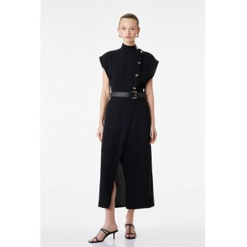 Rochie midi cu croiala petrecuta si curea in talie - Negru